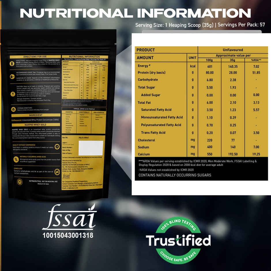 NAKPRO Whey Gold Protein Concentrate Trustified Certified | Unflavored