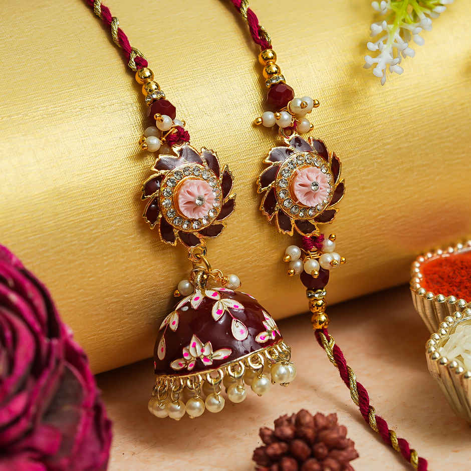 Bhaiya Bhabhi Lumba Rakhi | Brown Floral Designer | Includes Roli Chawal | Pack of 2 | Ecraftindia