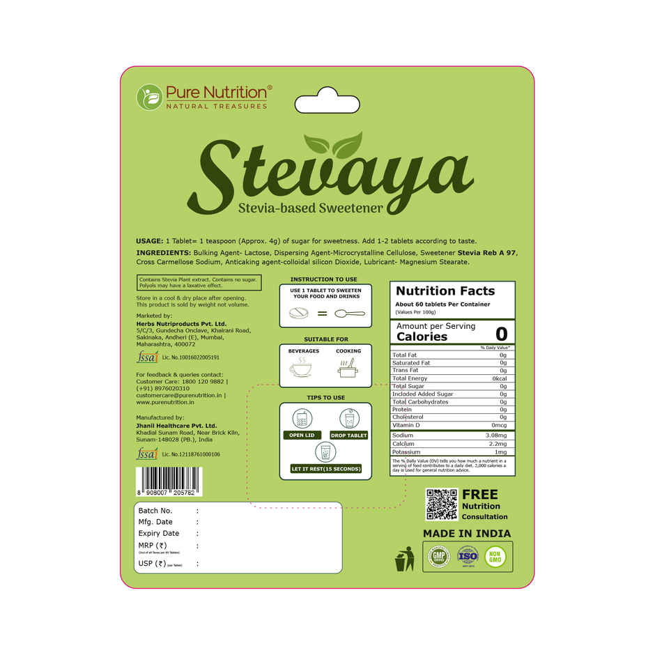 Pure Nutrition Stevaya Stevia Tablets | Zero-Calorie Natural Sweetener | On-the-Go Pack