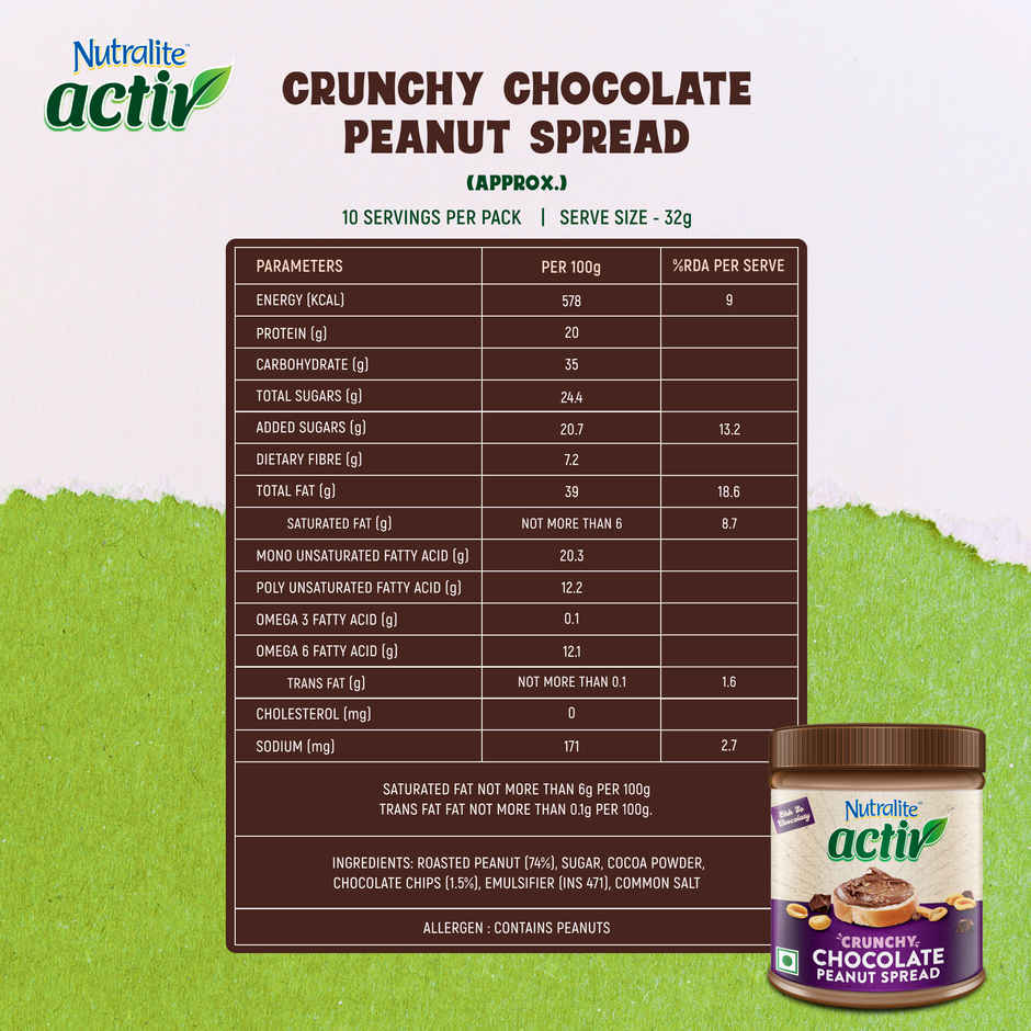 Nutralite Activ Peanut Spread | Chocolate Crunchy | 20g Protein per 100g