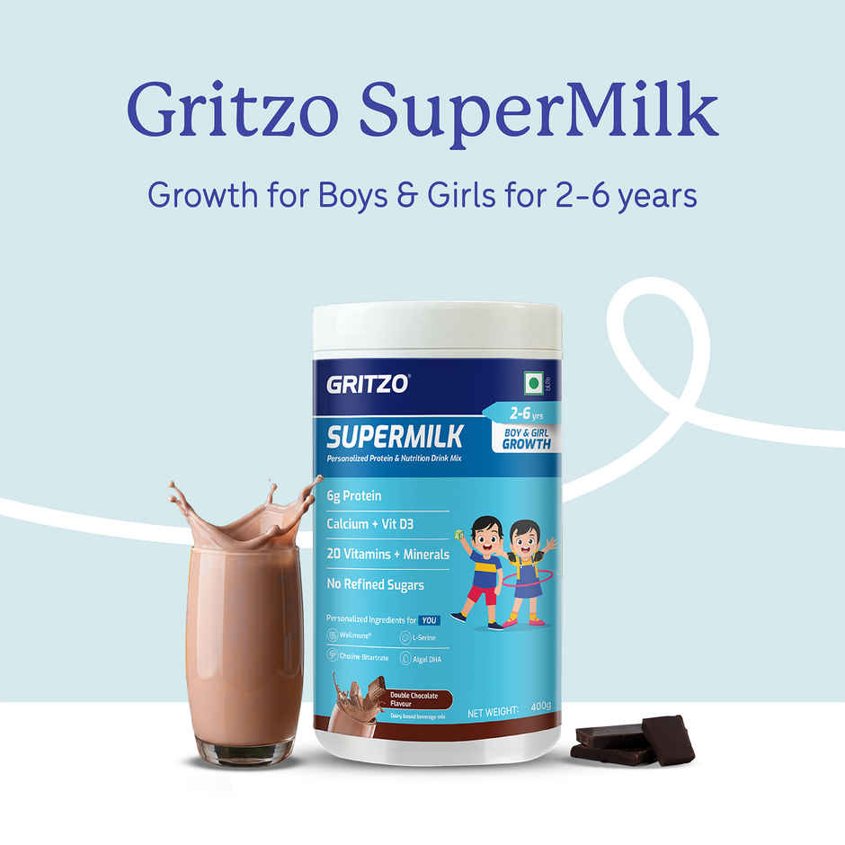 Gritzo Supermilk Overall Growth | 2-6y Boy & Girl | 6g Protein Powder | Double Chocolate