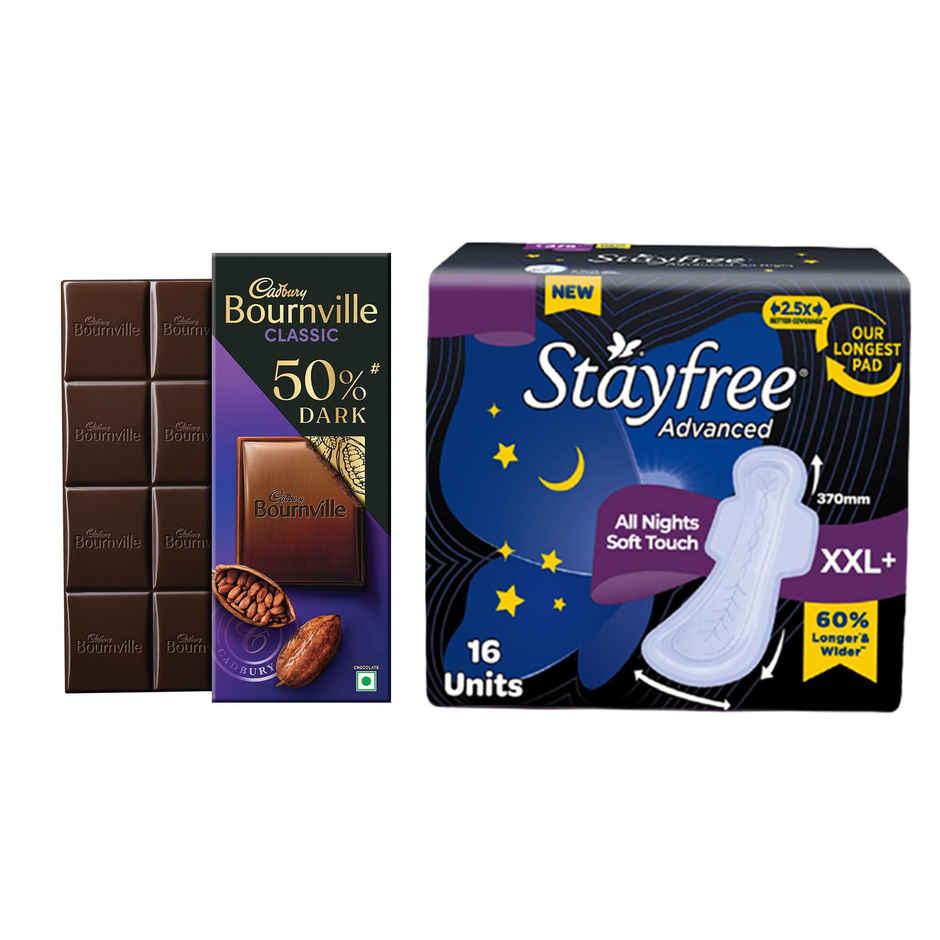Cadbury Bournville Rich Cocoa 50% Dark Chocolate Bar (75g) & Stayfree Advanced All Nights Sanitary Pads | Xxxl (16pc) Combo  