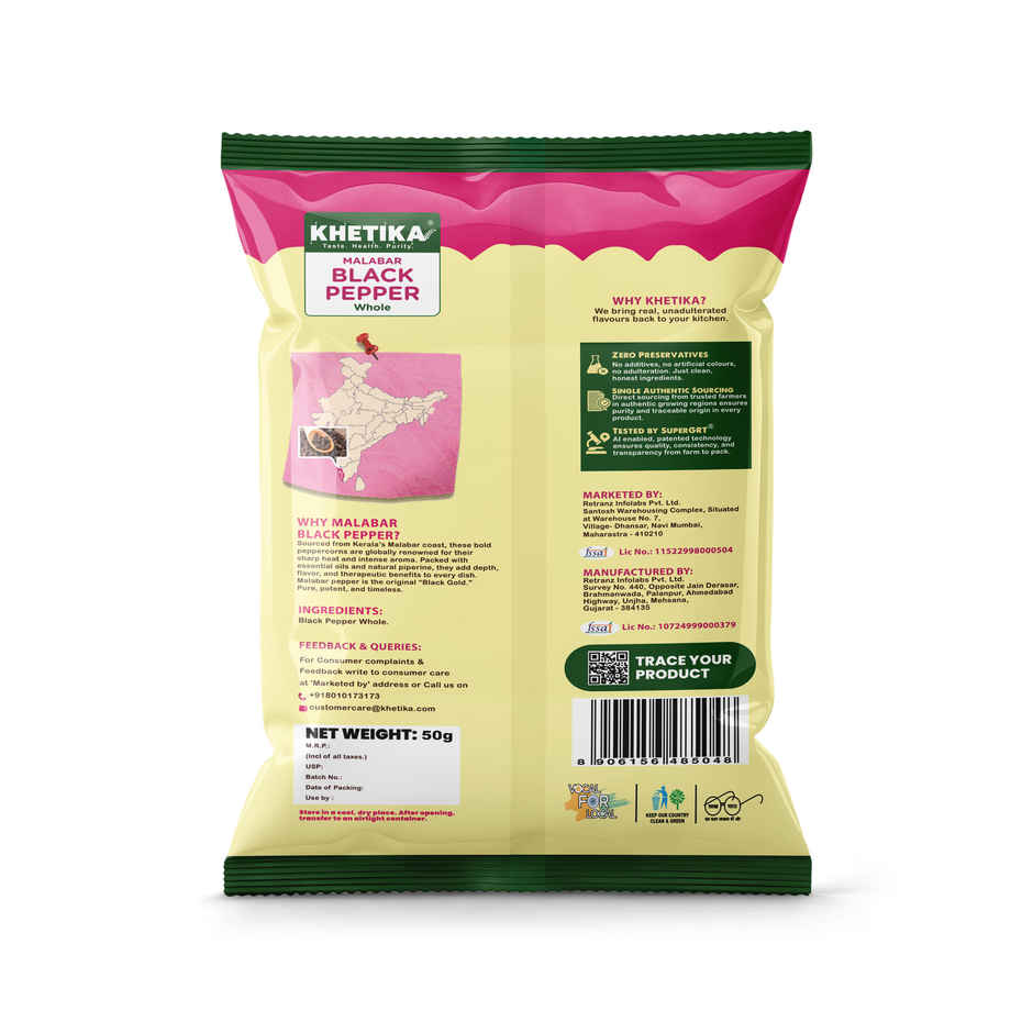 Khetika Malabar Black Pepper Whole | Kali Mirch | Strong Aroma | Zero Preservatives