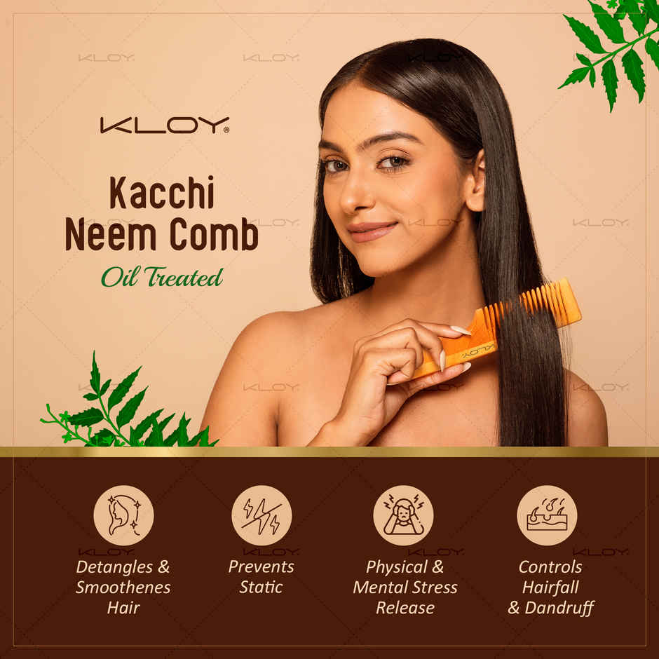 Kloy Kacchi Neem Comb, Wooden Comb For Men, Women Treated With Neem Oil, Bhringraj With Handle