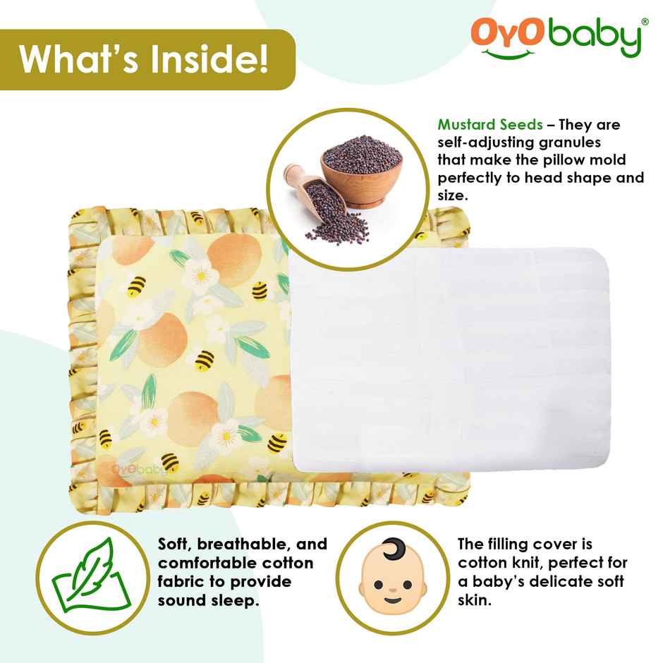 Oyo Baby Rai Mustard Seeds Pillow Takiya, 0-12 Months, Honey Bees Print, Orange