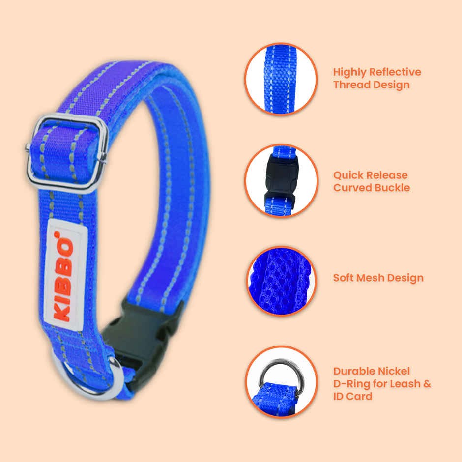 KIBBO Padded Reflective & Adjustable Dog Collar | Blue - Large