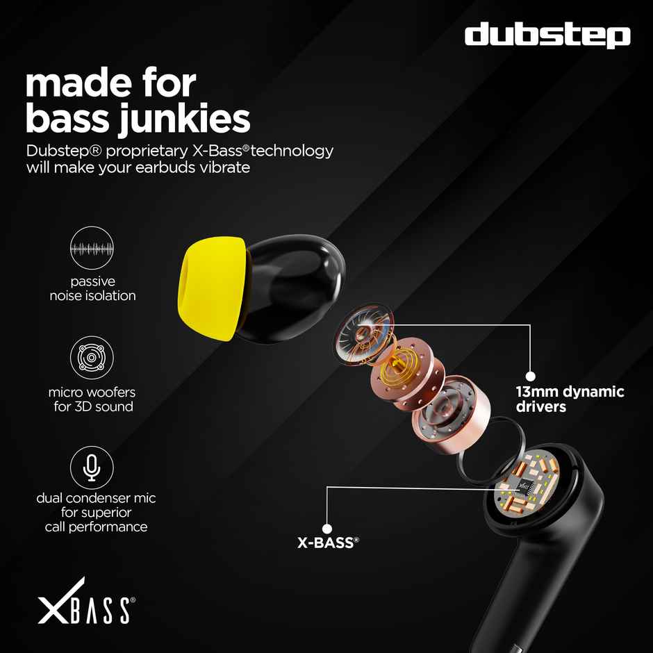 Dubstep Buzz X5 in-Ear TWS Earbuds with Upto 50 hrs Playtime, 13mm Dynamic Drivers, X-Bass Technology, ENC, Bluetooth V5.3 Earphones, Type-C Fast Charging - Black & Yellow