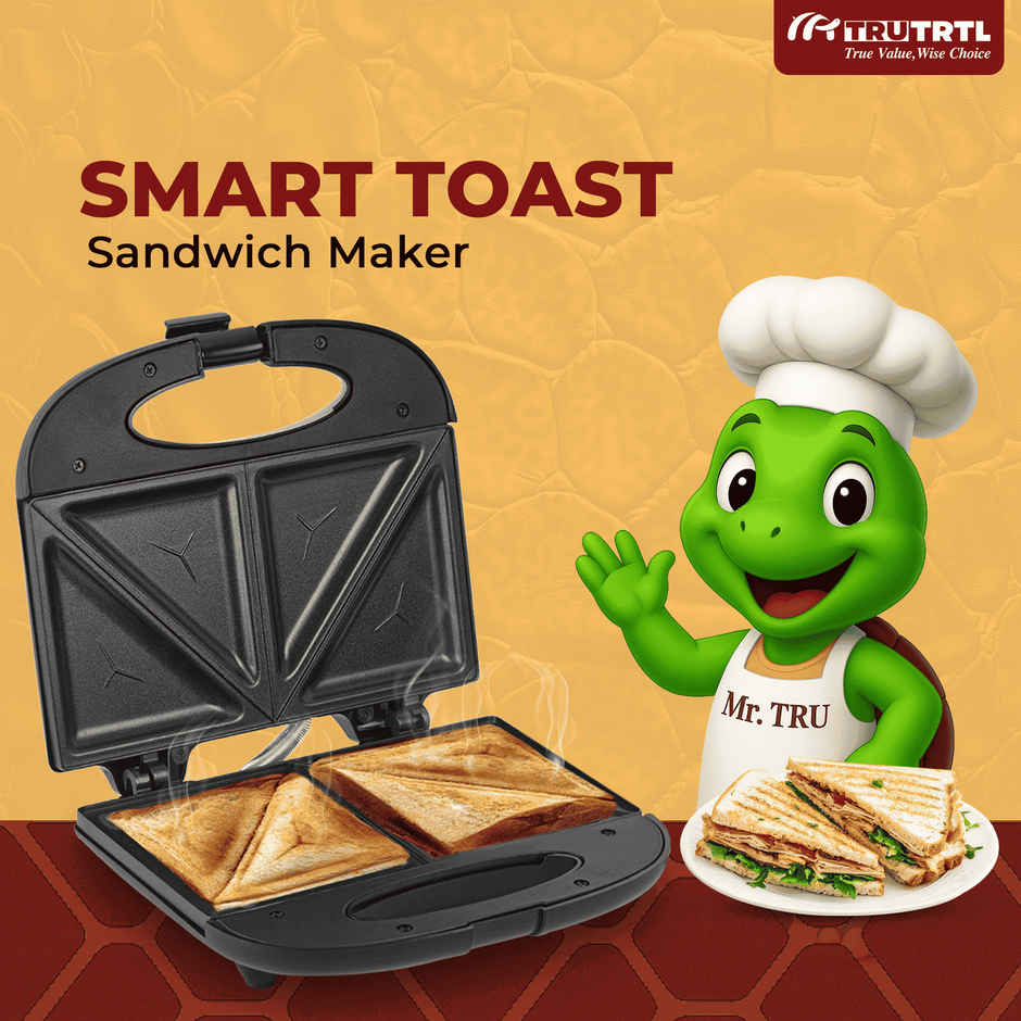 truTRTL Smart Toast Electric Sandwich Maker with Non-Stick Die Cast Aluminium Plates| 800W (Black)