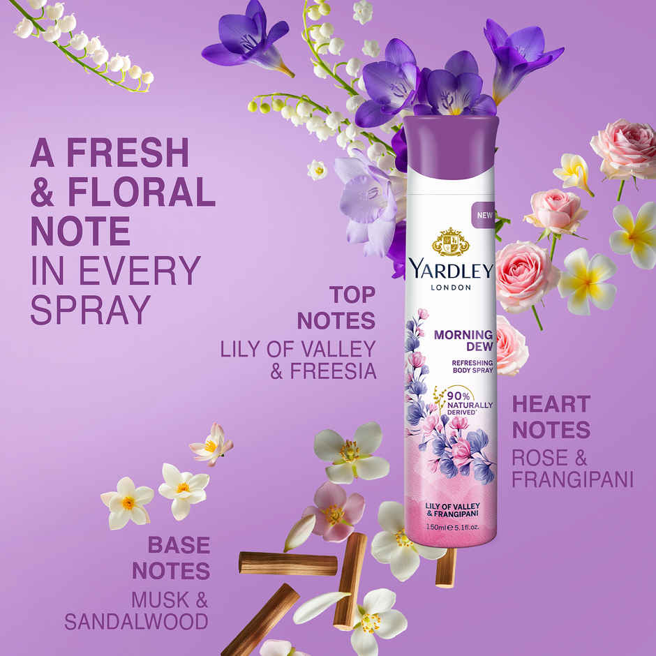 Yardley London Morning Dew Deodorant - Lily of Valley and Frangipani Fragrance - Naturally Derived