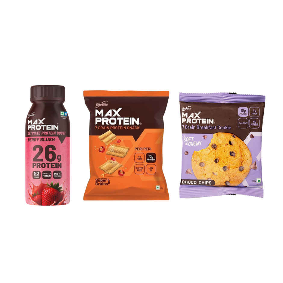 Ritebite Max Protein Berry Blush 26G Protein Milkshake (250ml) & Ritebite Max Protein Peri Peri 10 G Multigrain Protein Chips, Healthy Snacks & Munchies (60g) & Ritebite Max Protein Cookie Choco Chips, No Maida Multigrain Premium Biscuit Cookies (55g) Combo