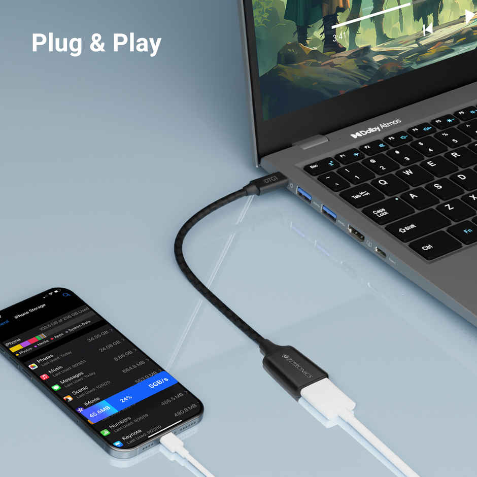 Zebronics OTG1 Type C to OTG Connector with Male Type-C 3.1 Gen 1, Female USB 3.0 5Gbps, 15cm Braided Cable, Metal Body, Sleek Design, for Smartphones, Tablets & Laptops - Black