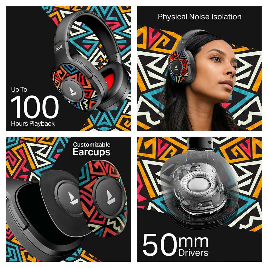 boAt Rockerz Plus 550 Wireless Headphones with mic, 100Hrs Playtime, IPX5, BT v5.4 | Black psyche
