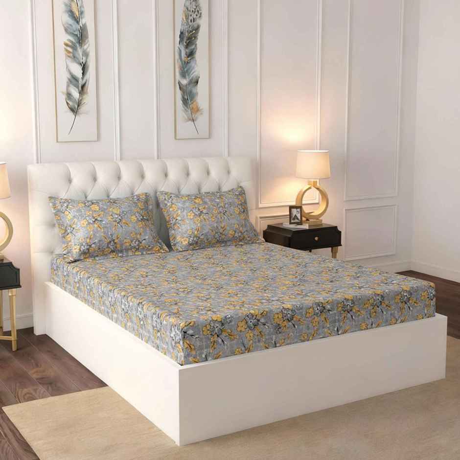 Raymond Home 120 GSM Hazel Floral Double Bedsheet with 2 Pillow Covers Grey