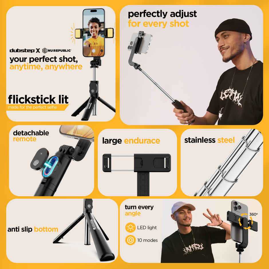 Dubstep Flickstick Lit Smart Selfie Stick (with 360 Degree Rotation, Black)
