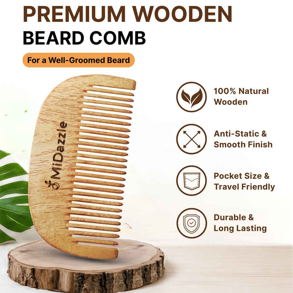 Midazzle Organic Kachhi Neem Wooden Compact Beard Comb | MINC2108
