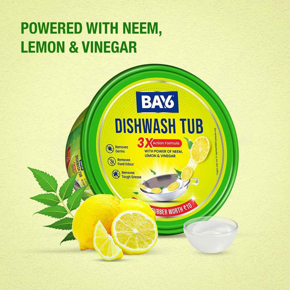 BAY6 Dishwash Bar Tub - 3X Action Neem, Lemon & Vinegar with Free Scrubber