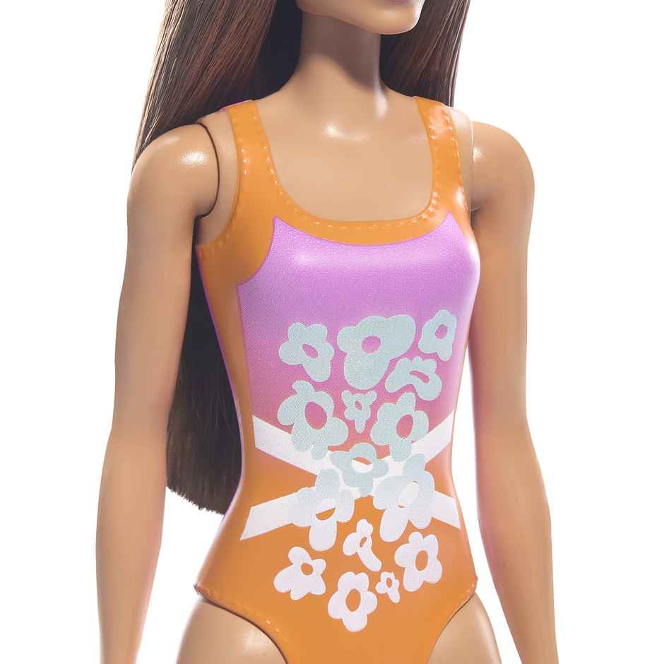 Mattel Barbie Beach Doll with Light Brown Hair, Pink and Orange One-Piece Swimsuit with Tropical Print