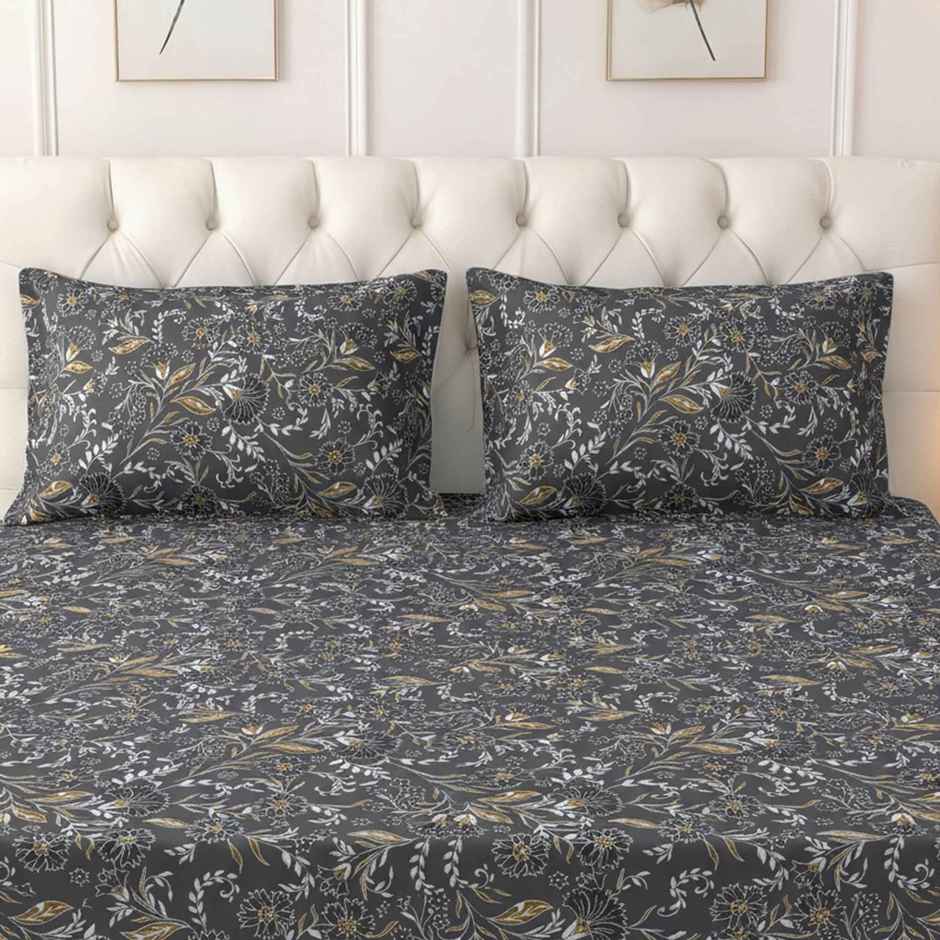 Raymond Home 120 GSM Hazel Floral Double Bedsheet with 2 Pillow Covers Black