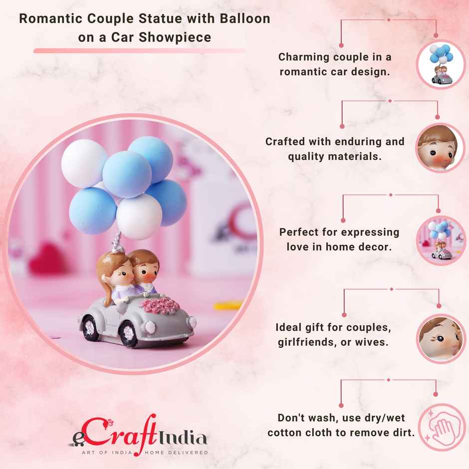 eCraftIndia Romantic Couple Statue with Balloon on a Car Decorative Showpiece
