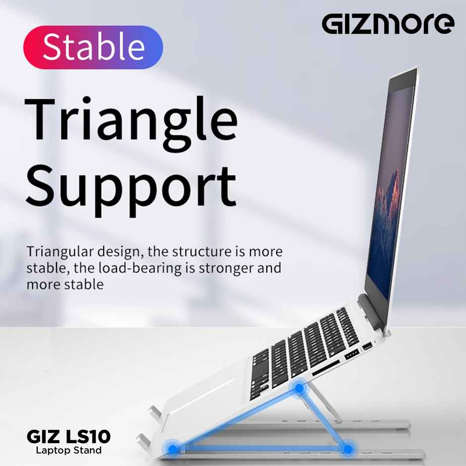 Gizmore GIZ LS10 Laptop Stand Supports laptops up to 39.6 cm (15.6"), Aluminium Alloy Body with 6 Adjustable Levels Stand, Anti Slip Silicon Rubber Pads, Foldable Laptop Stand - Silver