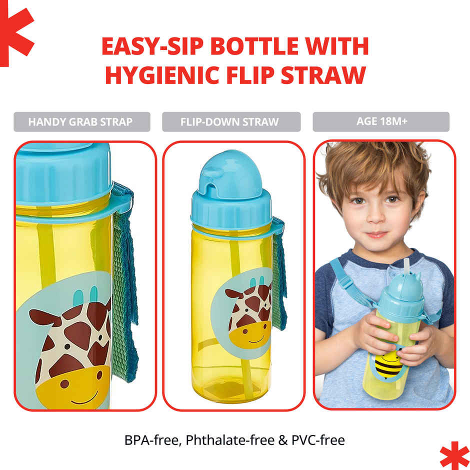 Skip Hop Zoo Kids Bottle, Flip-Top Straw, Leak-Proof, Toddler Sipper Cup, For Babies 12 M+, 385 ML
