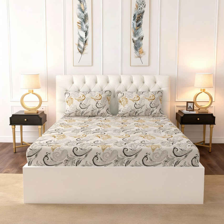 Raymond Home 120 GSM Hazel Floral Double Bedsheet with 2 Pillow Covers Off White