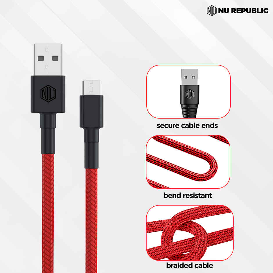 Nu Republic Blaze Silk Micro USB 3.1A Unbreakable USB A to Micro USB Rugged Nylon Braided Charging Cable - Red