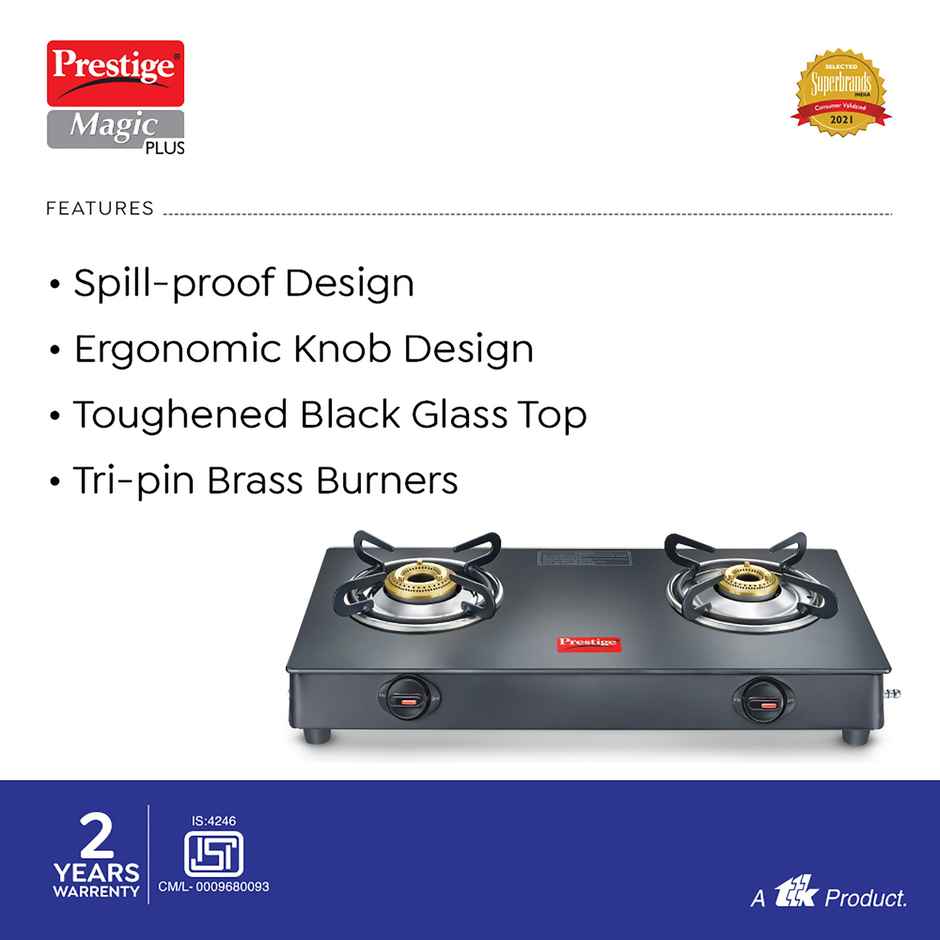 Prestige Magic Plus GTMP-02 LP Gas Stove,2 Brass Burners,Toughened Black-Glass Top,2yrs Warranty