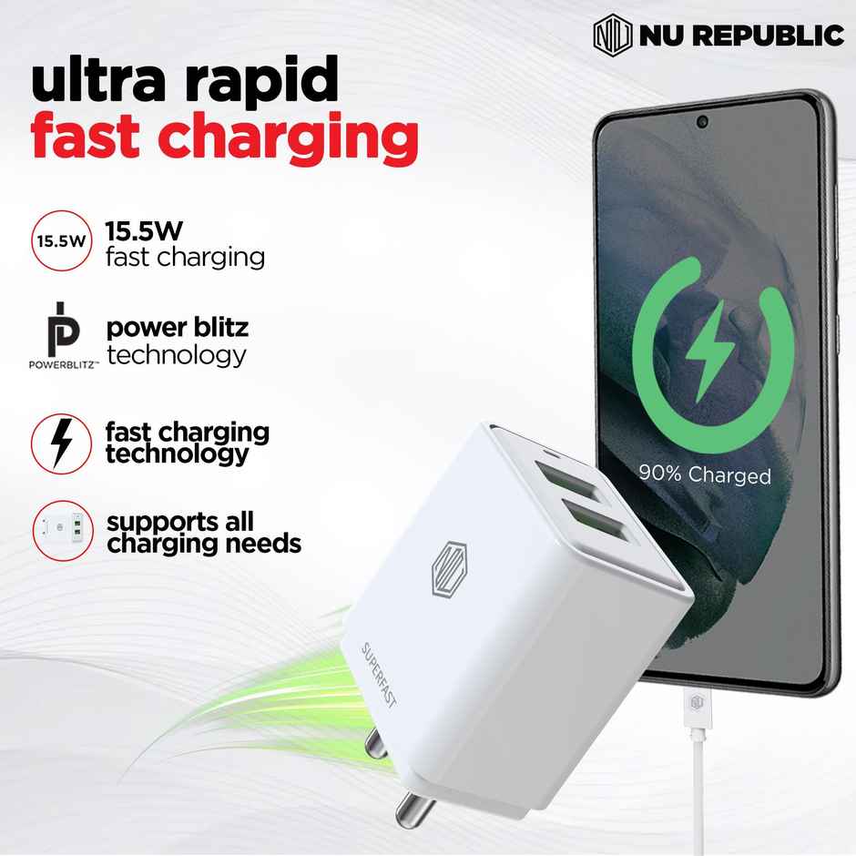 Nu Republic 15.5W Dual USB Port Superfast Charger Multiport Adapter + Cable, Micro USB to USBA - White