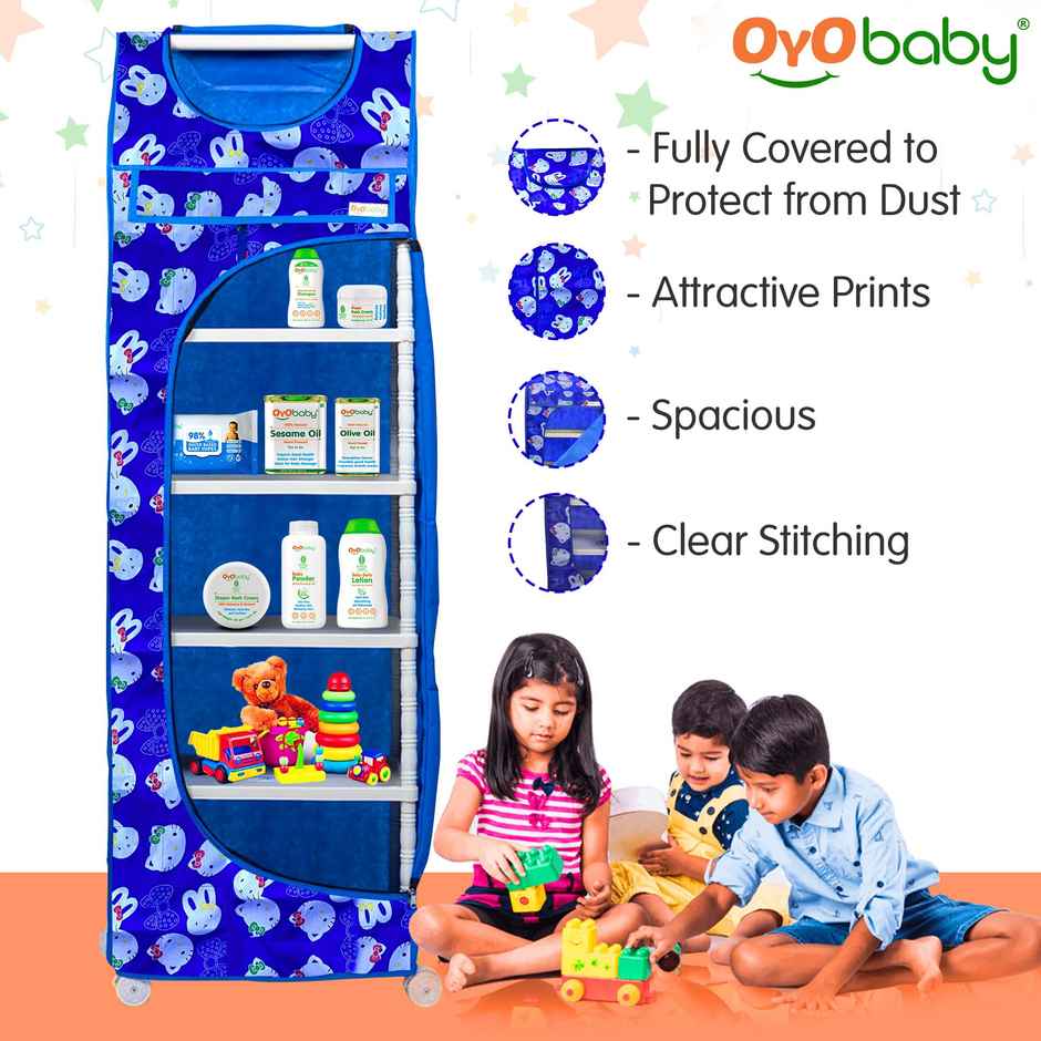 Oyo Baby Multipurpose 6 Shelves Durable Foldable Almirah Cartoon Printed Cover Blue Wardrobe
