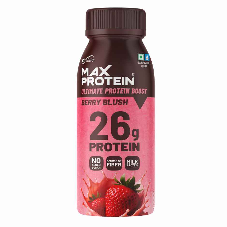 Ritebite Max Protein Berry Blush 26G Protein Milkshake (250ml) & Ritebite Max Protein Peri Peri 10 G Multigrain Protein Chips, Healthy Snacks & Munchies (60g) & Ritebite Max Protein Cookie Choco Chips, No Maida Multigrain Premium Biscuit Cookies (55g) Combo