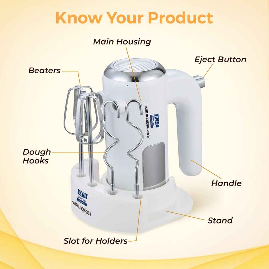 Kent Hand Blender 200 Watts | Multiple Beaters & Dough Hooks 100% Copper Motor
