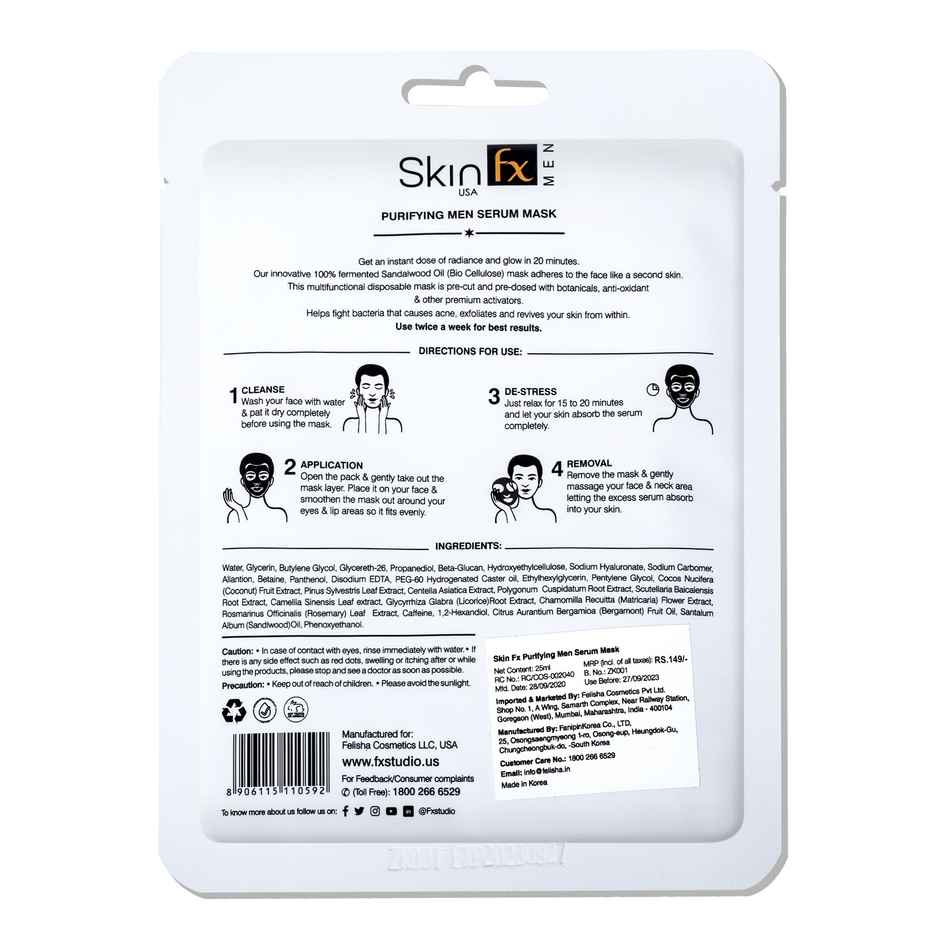 Skin Fx Purifying Men Sheet Mask, Face Mask for Instant Hydration