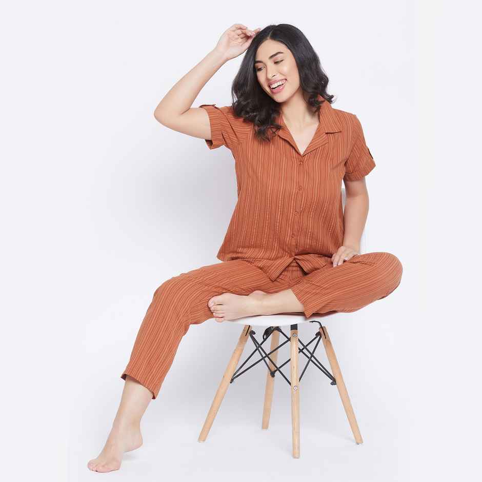 Clovia Women's Sassy Stripes Button Down Shirt & Pyjama - Cotton | LS0385D06 | Brown - M