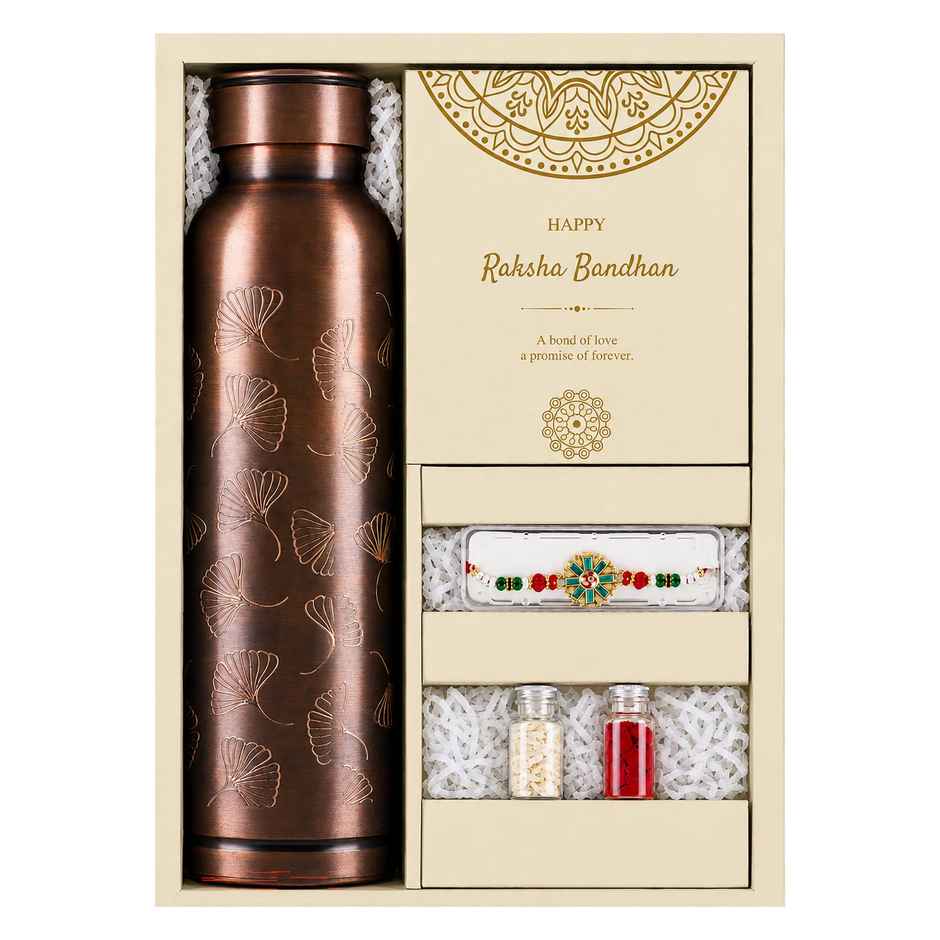 Milton Copper Bloom Rakhi Gift Hamper | 900 ml Copper Bottle | Rakhi | Roli Chawal