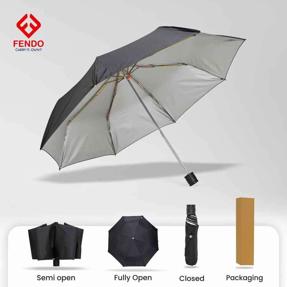Fendo 3 Fold Auto Open 21.5 Inch Sun & Rainproof Regular Umbrella For Men & Women | Black & Silver