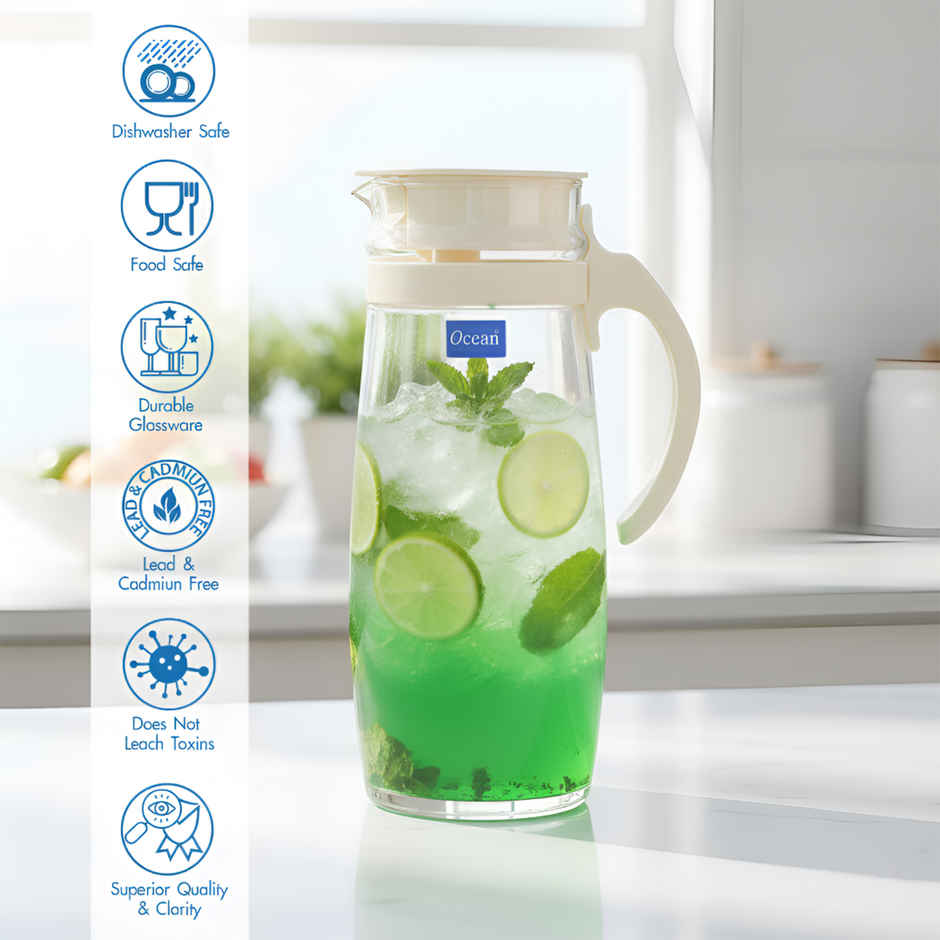Ocean Divano Pitcher Water Glass Jug | 1.6 L | Transparent | White Lid