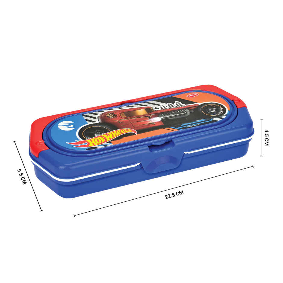 PRATAP Flip Note Pencil Box with Dual White Board | Marker, Pencil, Scale | Blue | Hot Wheels
