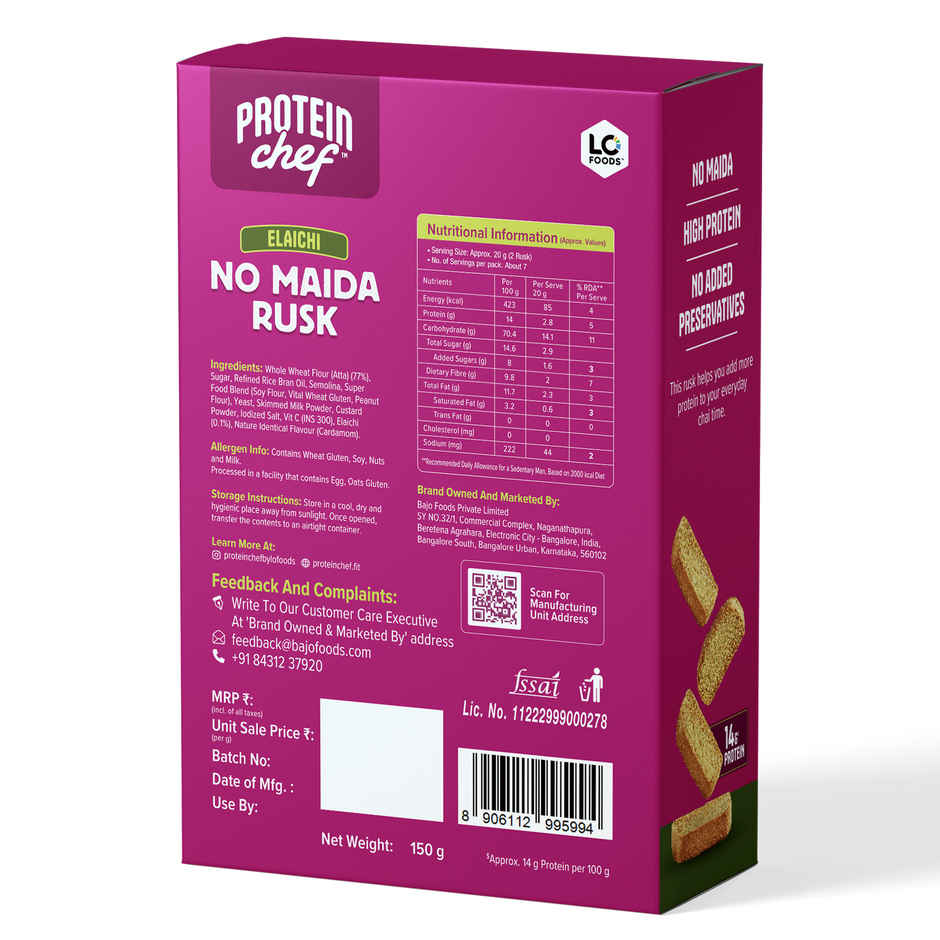 Protein Chef High Protein No Maida Premium Rusk (Elaichi Toast)