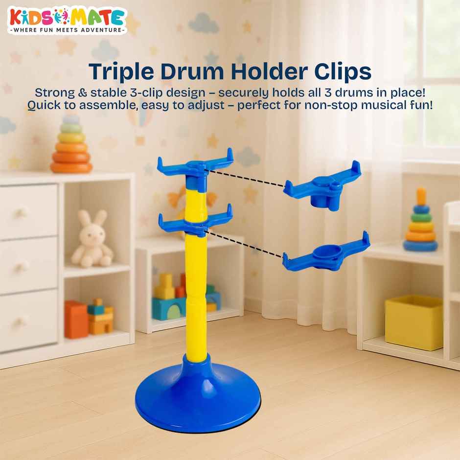 Kidsmate Lil Beats Drum Set for Kids| 3 Drums, 1 Cymbal, Drumsticks & Stool | Multicolor