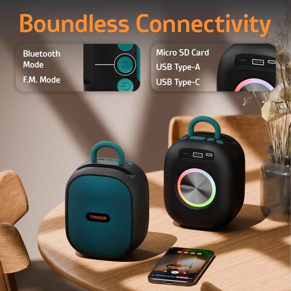 TRIGGR Puls8 Portable 10W Speaker | BT V5.3 | FM Mode | Rubber Finish | 8Hr | Mariner Black