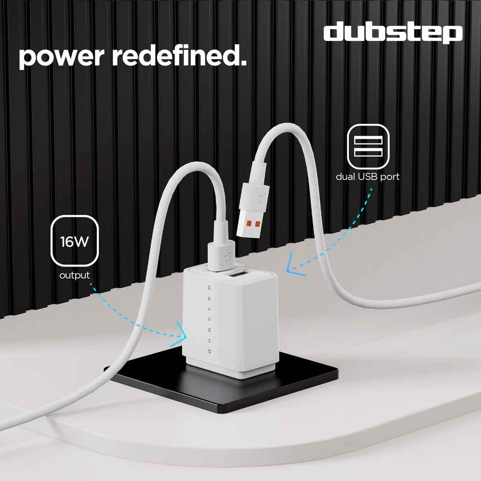 Dubstep Sprint 16W 3.1A Dual USB Port Superfast Charger Adapter (with Cable USB A To Micro USB) - White