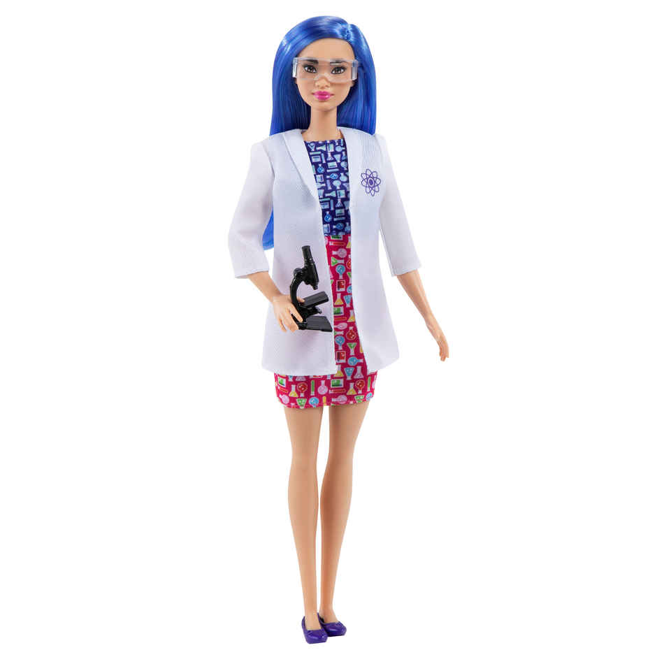 Barbie Scientist Doll Blue Hair | Color Block Dress| Lab Coat | Flats | Microscope Accessory
