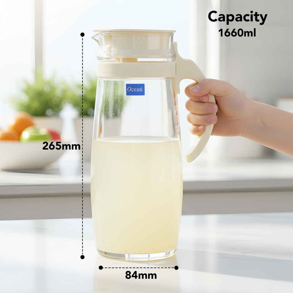 Ocean Divano Pitcher Water Glass Jug | 1.6 L | Transparent | White Lid