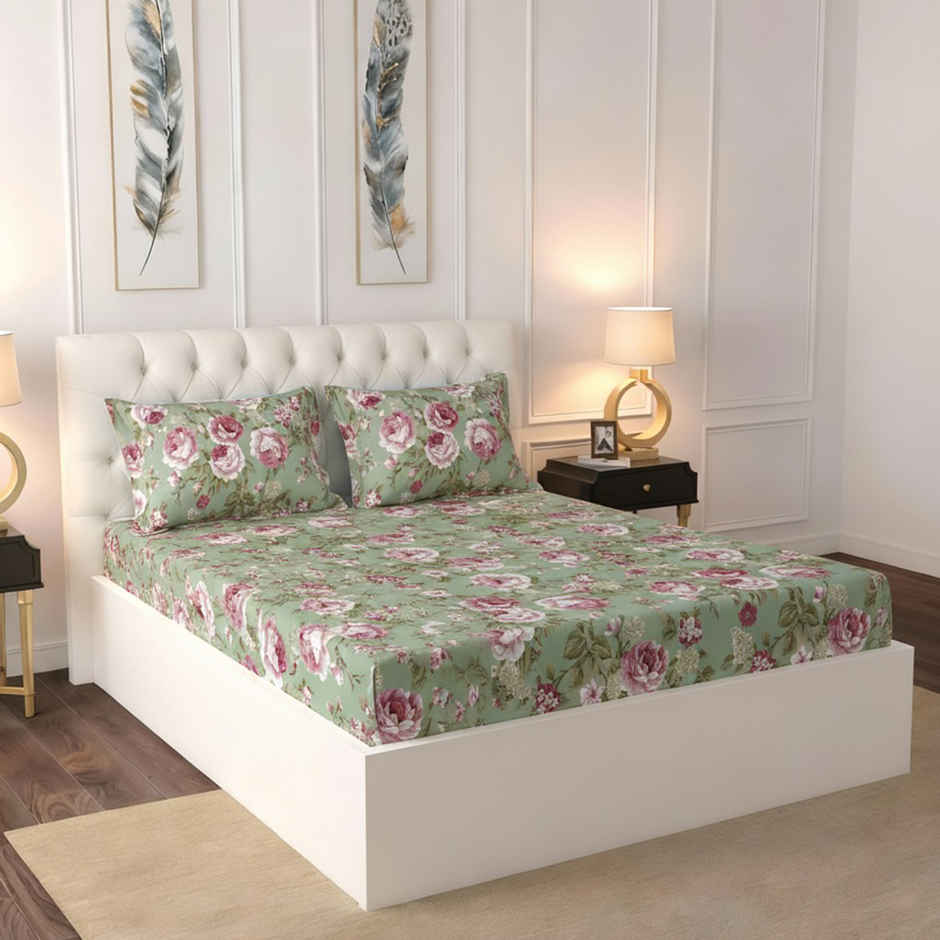Raymond Home 120 GSM Hazel Floral Double Bedsheet with 2 Pillow Covers Green