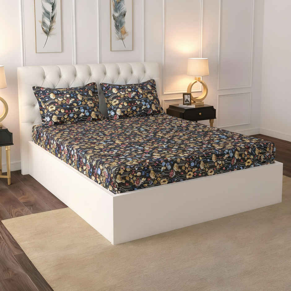 Raymond Home 120 GSM Hazel Floral Double Bedsheet with 2 Pillow Covers Black