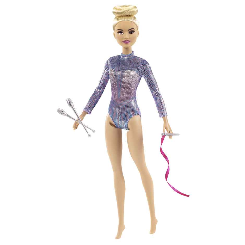 Barbie Rhythmic Gymnast Blonde Doll With Colorful Metallic Leotard | 2 Clubs and Ribbon Accessory