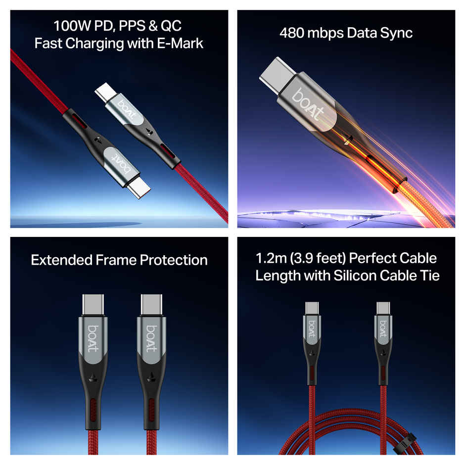 boAt Type C to C 100W Cable w/480 Mbps Data Sync and 100W PD, PPS AND QC support.| Martian Red