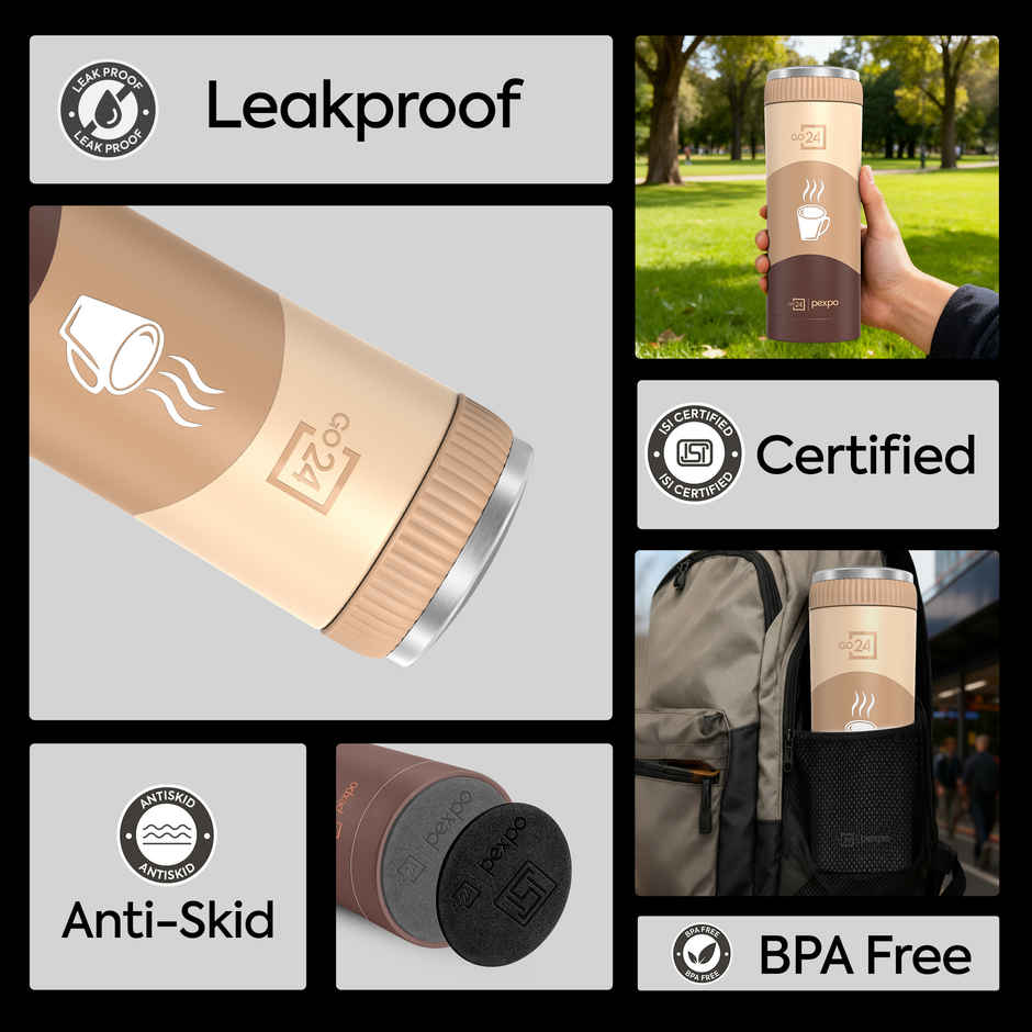 Go24 | Pexpo Vacuum Insulated UV Bottle, Stainless Steel Hot & Cold Flask | Brown
