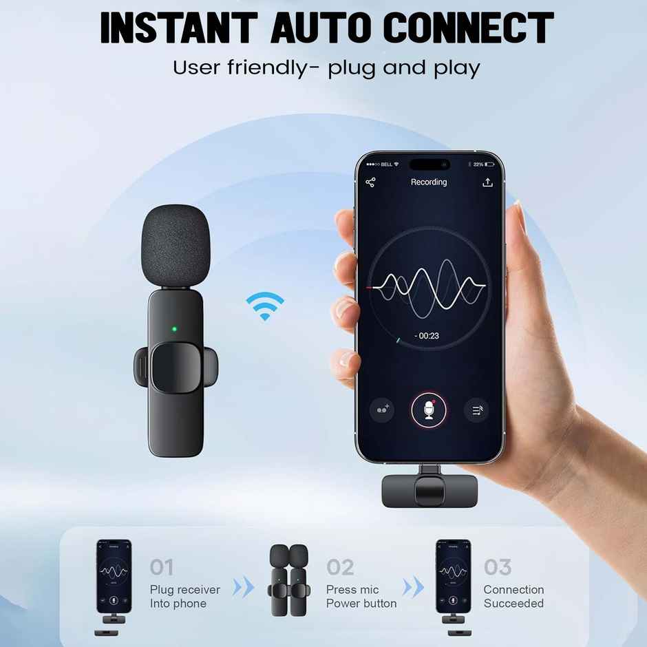 KMW 01 Wireless Microphone | Plug and Play | 20m Range | High Sensitivity | Wide Compatibility, Clear Sound | Type-C & iOS Connector Type